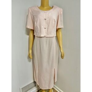 Just My Size Womens 16W Pink 2 Piece Dress Jacket Set Embroidered Midi Crepe